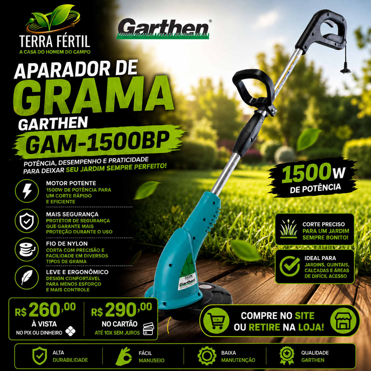 Aparador de grama Garthen GAM-1500BP, 1500W de potência