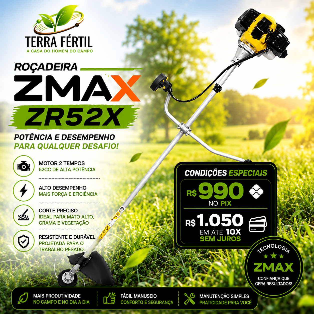 Roçadeira Zmax ZR52X — potência e desempenho para qualquer desafio